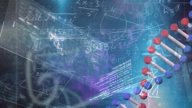 Animazione di DNA ed elaborazione dati scientifici su sfondo blu