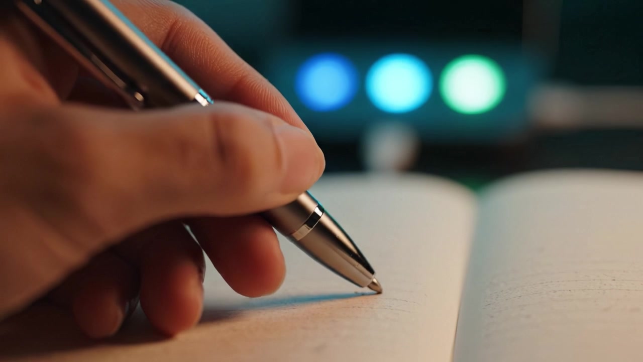 Una vista ravvicinata di una penna in mano che scrive su una pagina bianca in un ambiente scarsamente illuminato con sottili luci colorate sullo sfondo che creano un'atmosfera creativa.