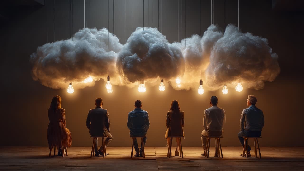 A group of six individuals seated on stools in a dimly lit room, illuminated by warm light bulbs hanging from fluffy clouds, creating an intriguing atmosphere of contemplation and connection