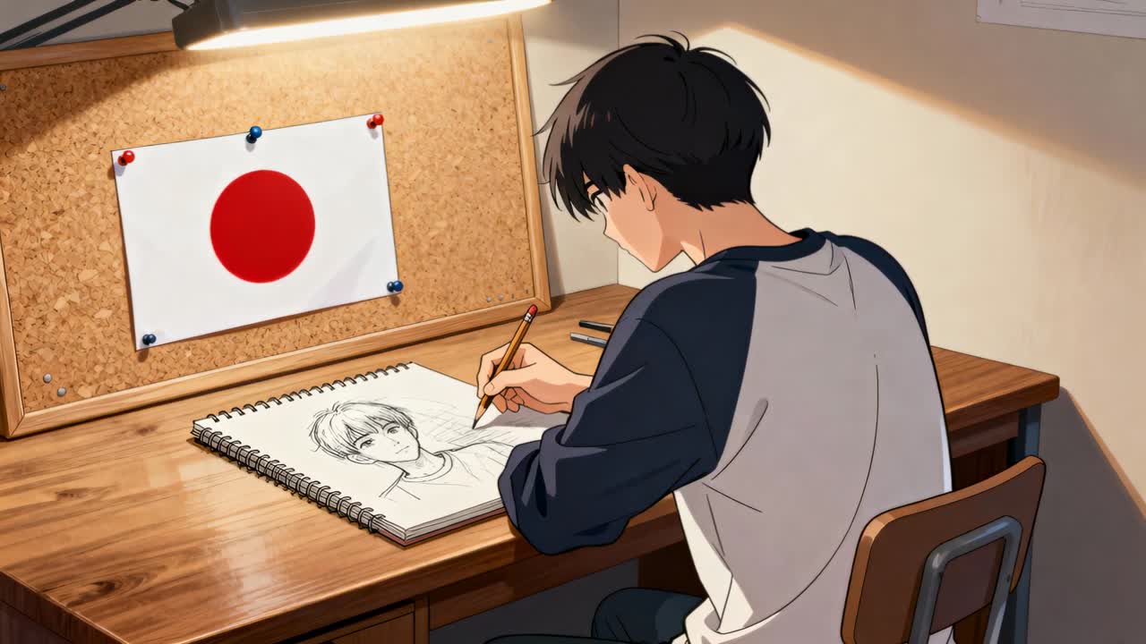 スケッチブックで輪郭を描いた後、机で肖像画を修正しているラグランシャツを着た10代の若者のドローイング、コピースペース。