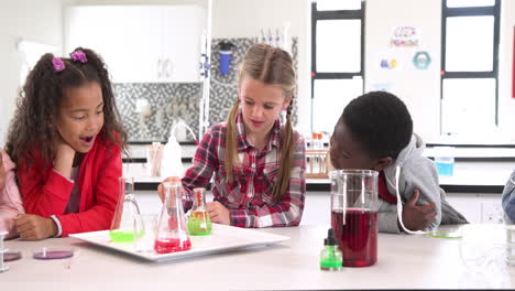 In school lab, diverse kids experimenting with colorful liquids, showing excitement
