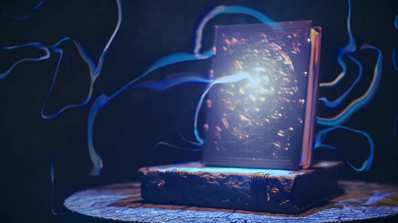 A mystical book emits glowing energy on a wooden table. Shot from a low angle, the video captures