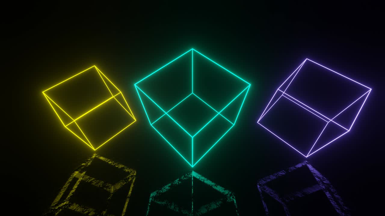 cajas brillantes de neón en un espacio oscuro con reflejos en el suelo. bucle sin costuras animación simple con objetos brillantes de neon