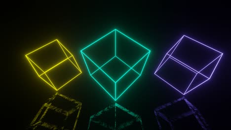 cajas brillantes de neón en un espacio oscuro con reflejos en el suelo. bucle sin costuras animación simple con objetos brillantes de neon