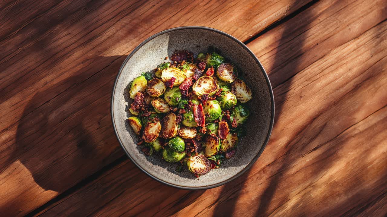 Sprøde rosenkål med bacon i en rustik skål