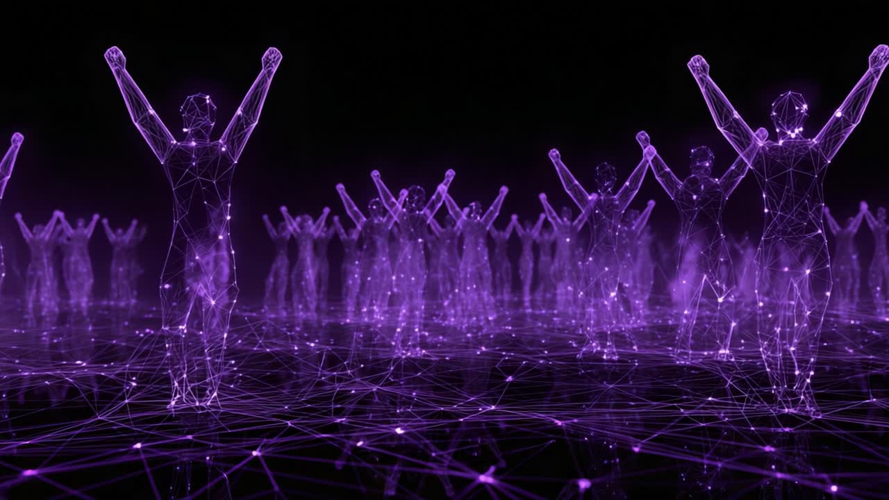 A mesmerizing visualization of abstract humanoid figures emerging and interacting within a vibrant purple network of light, symbolizing connection, identity, and the digital realm in a futuristic setting