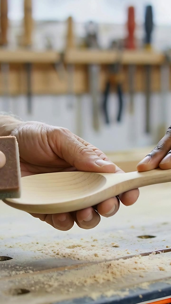 Vertical video: Sanding block contacting bowl, hands holding and sanding spoon at bench to finish