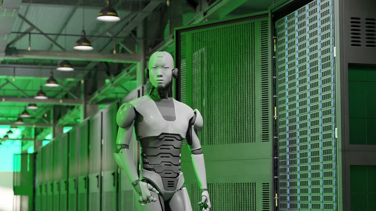 cyborg humanoide en el servidor internet sala de alta tecnología dando a luz concepto inteligencia artificial tomando el control en 3d renderización animación ciberseguridad guerra luz verde