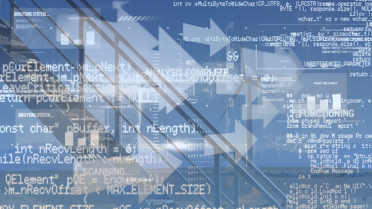 데이터 프로세싱의 애니메이션과 카우카스 인과 풍력 터빈에 대한 아이콘