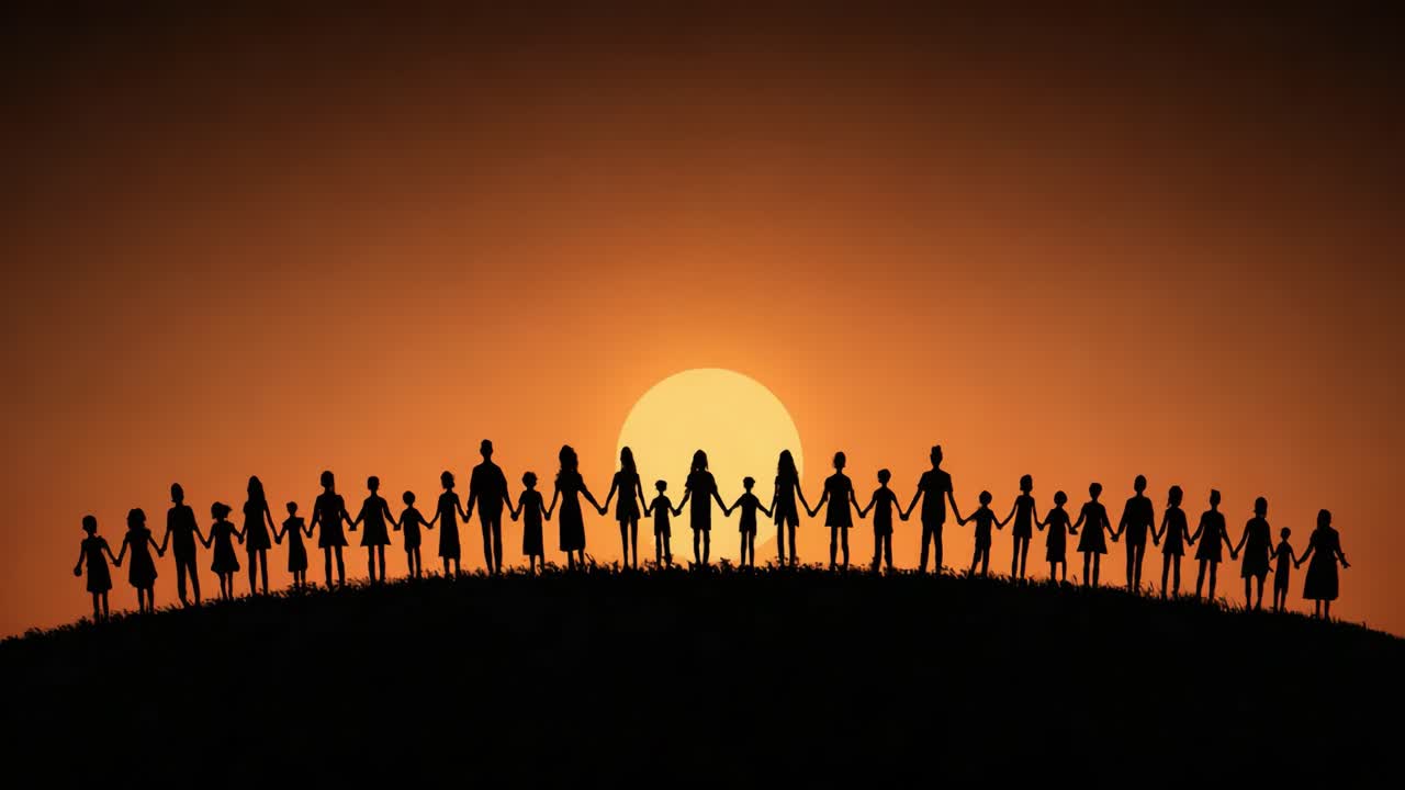 A Silhouette of Unity: Individuals Holding Hands Against a Stunning Sunset Background, Symbolizing Harmony, Togetherness, and Connection in a Beautiful Landscape