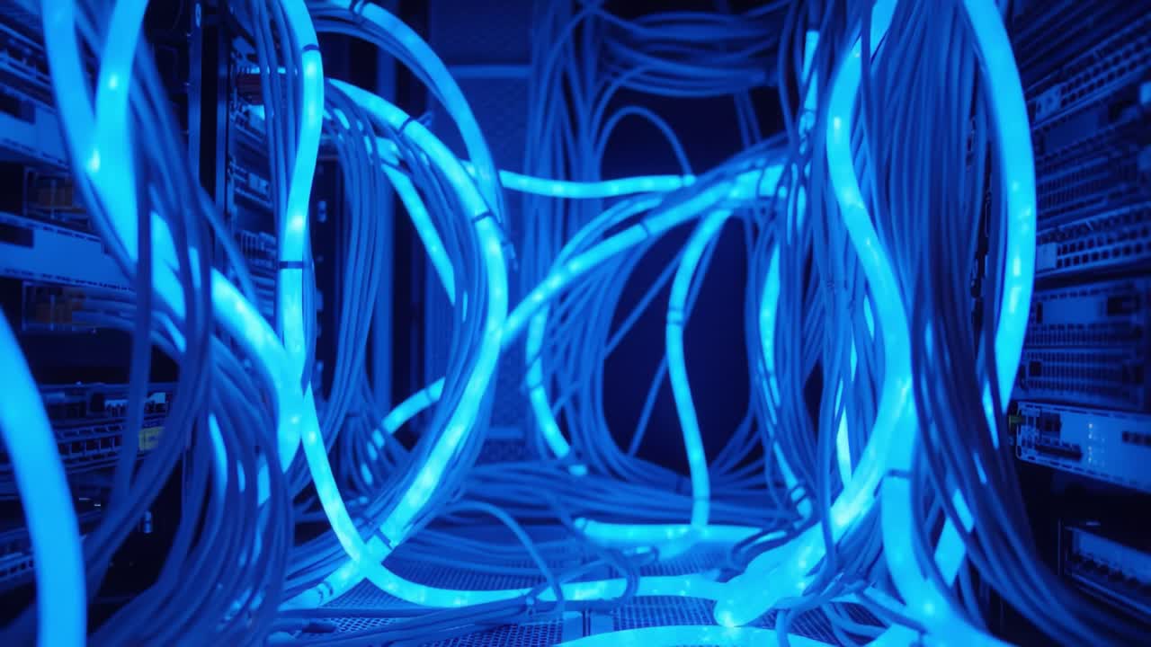 Glowing blue cables intertwine in a dark server room, highlighting the complexity of modern technology. This visual showcases the vital infrastructure powering our digital world.