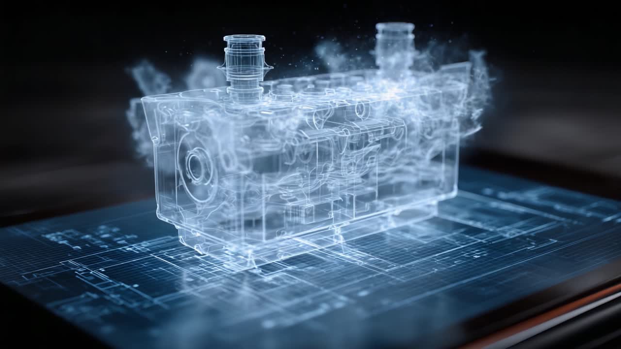Advanced Technology Visualization: A Detailed Look at a Transparent Engine Component Floating Above a Digital Blueprint Environment with Smoke Effects