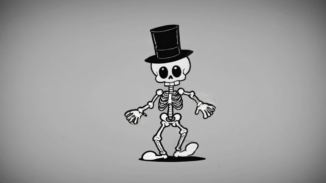 A whimsical animated video featuring a dancing skeleton in a top hat, set against a monochrome