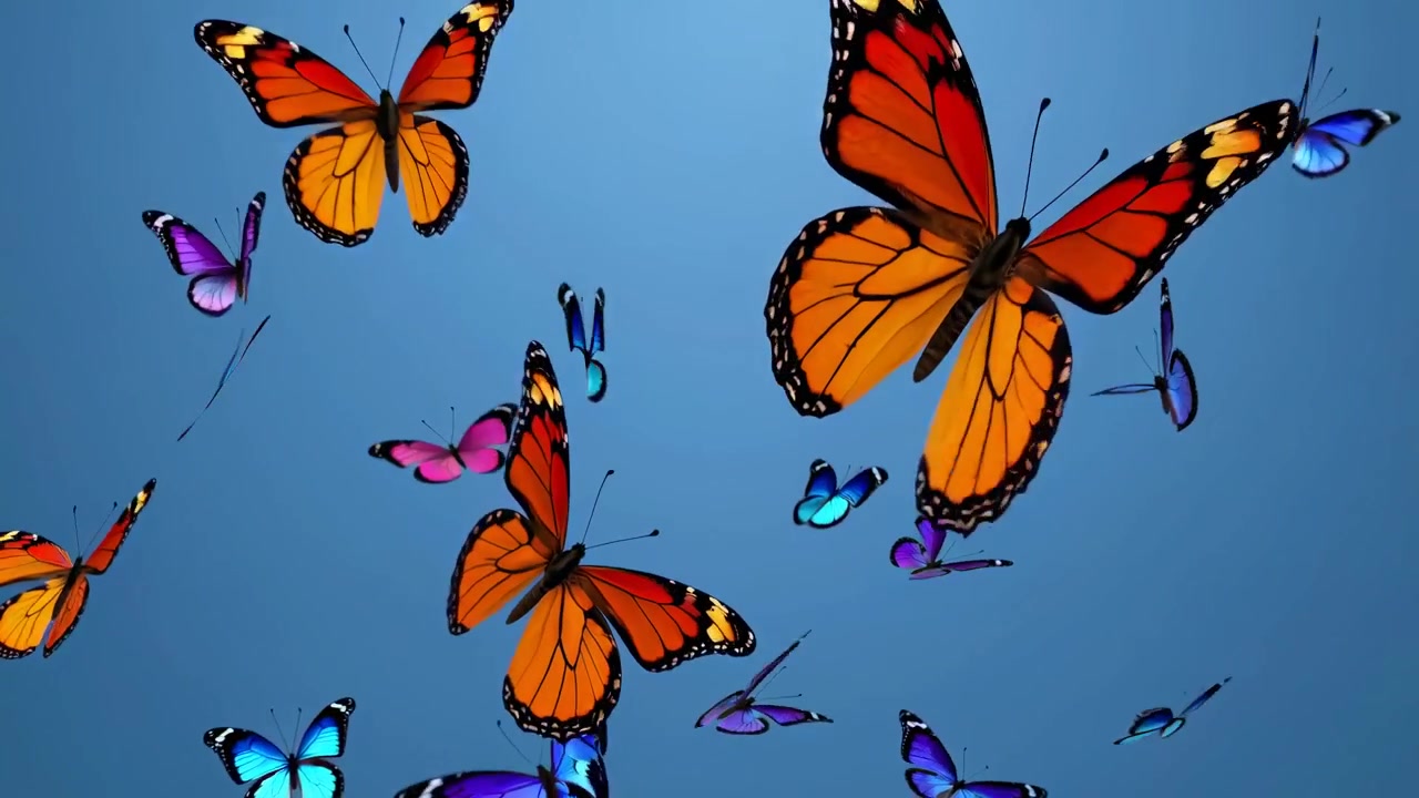 Farfalle colorate che volano su uno sfondo blu