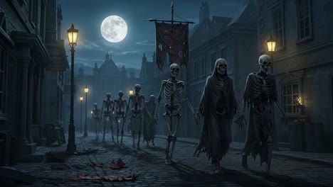 A Haunting Parade of Skeletons Marching Through an Eerie Moonlit Street, Illuminated by Vintage Lanterns, Amidst a Chilling Atmosphere that Evokes Horror and Mystery