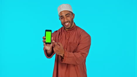 Green-screen,-phone-and-Islamic-man-showing