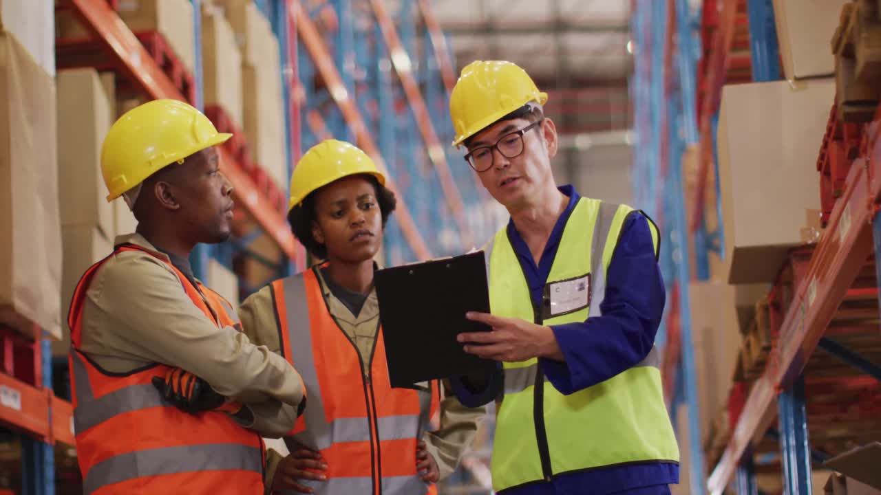diversos trabajadores masculinos y femeninos con trajes de seguridad y hablando en el almacén