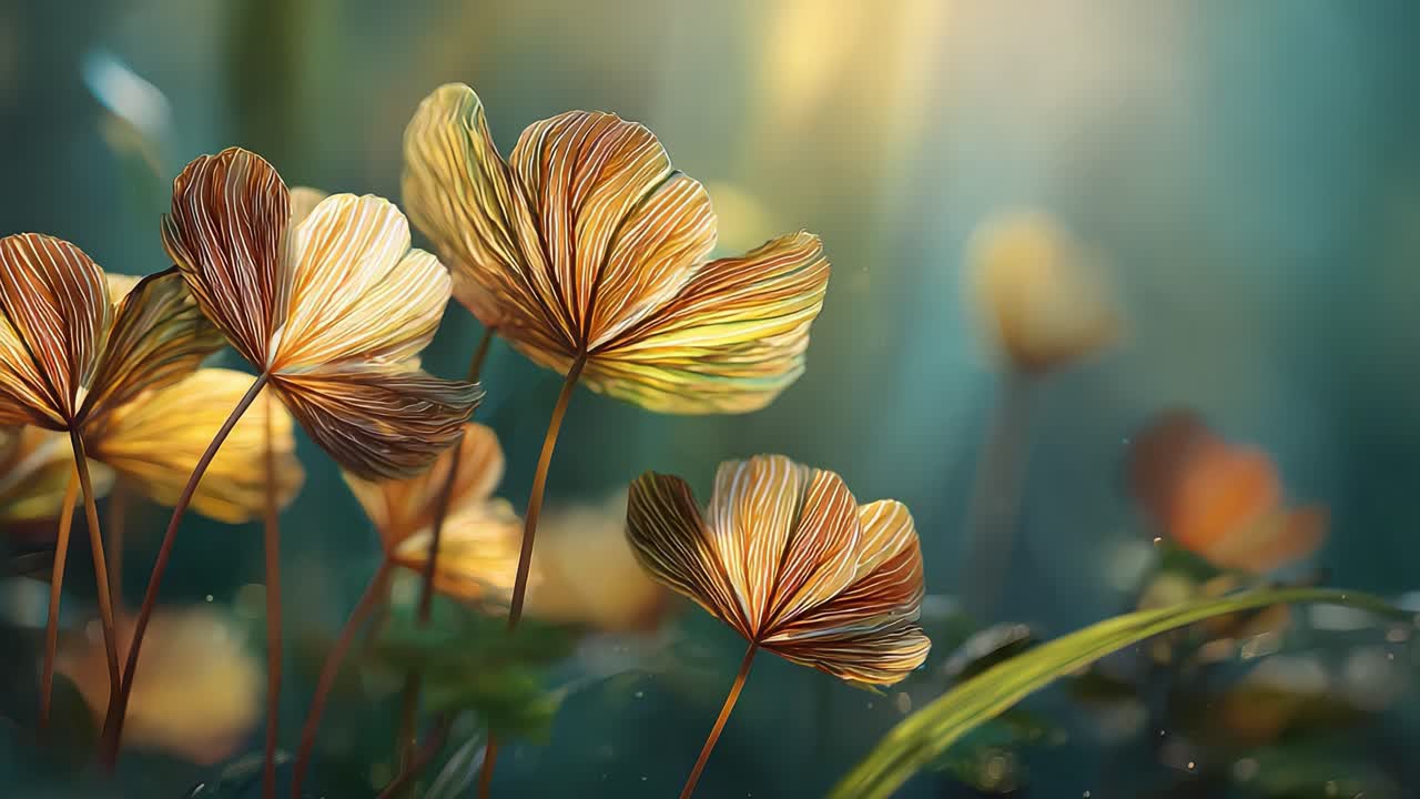 Una splendida vista ravvicinata di delicati fiori dorati illuminati dalla luce del sole, che cattura le trame intricate e la bellezza eterea della natura in un ambiente sereno.