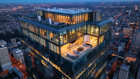 aerial view of a modern skyscraper penthouse at night