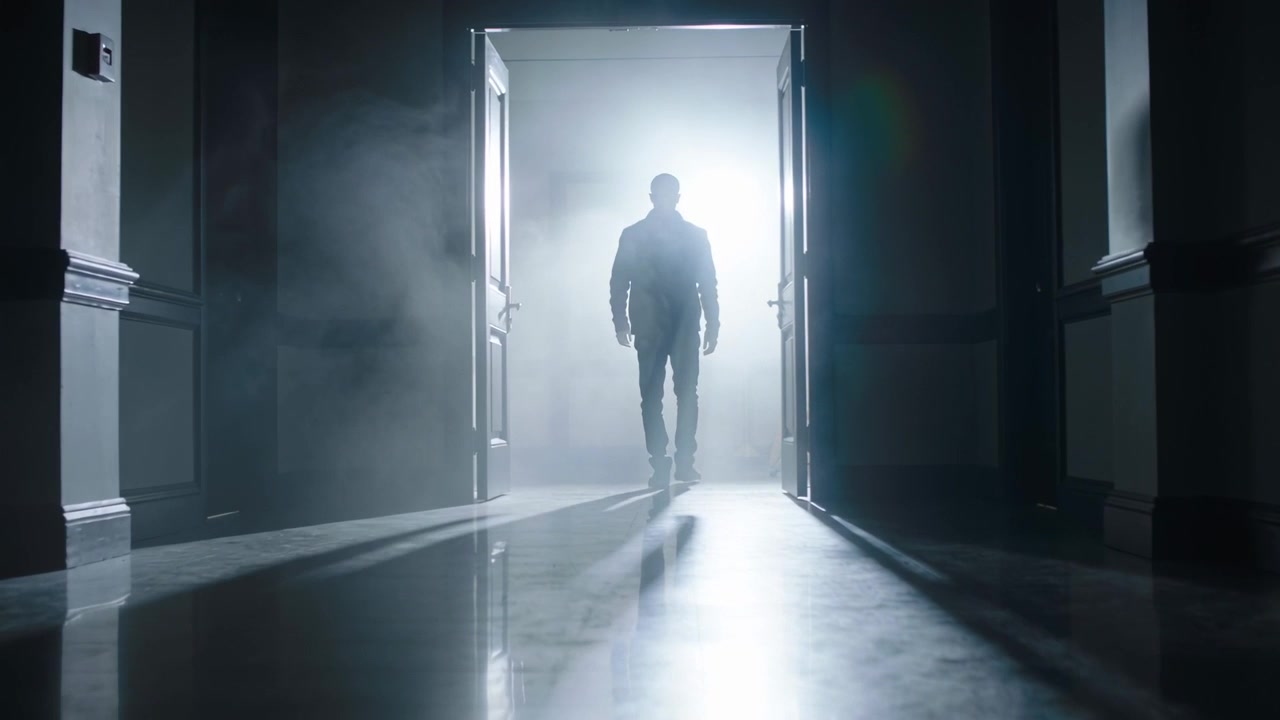 Walking male in dark coat moving through hall after double doors opening, backlight haze reflection