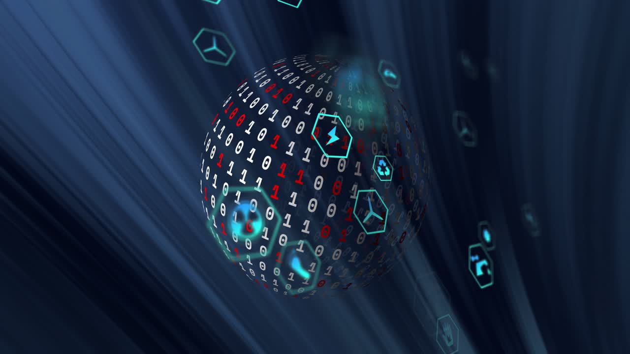Roterande jordklot av binär kod med hexagonala ikoner, animation av digital databehandling