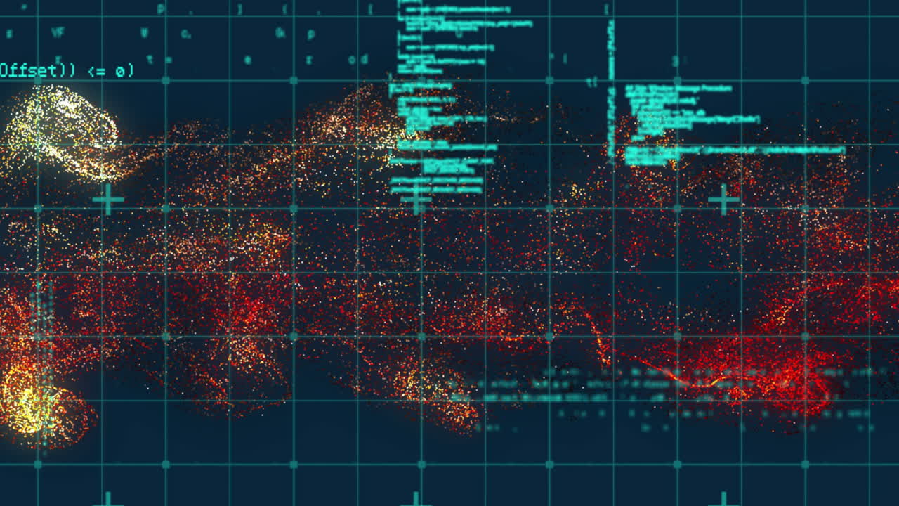 검은색 배경의 데이터 처리에 대한 밝은 반점이 있는 모양의 애니메이션