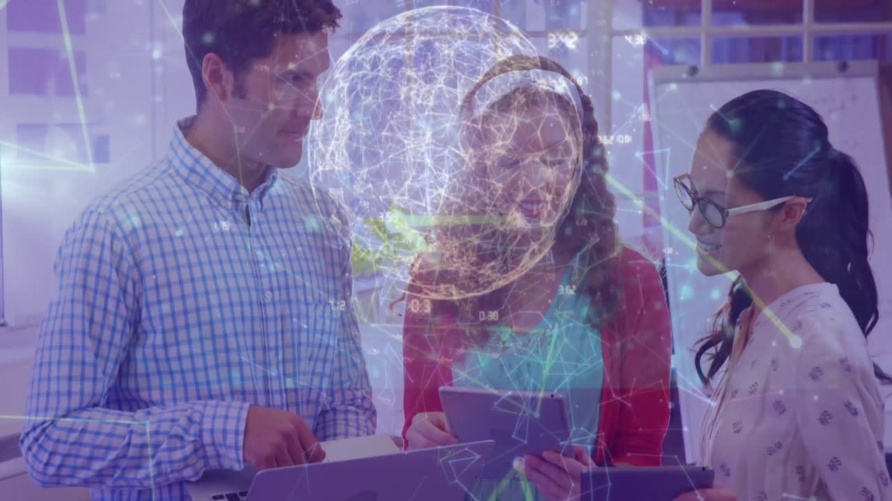 animación del globo, red de conexiones con datos sobre personas de negocios.