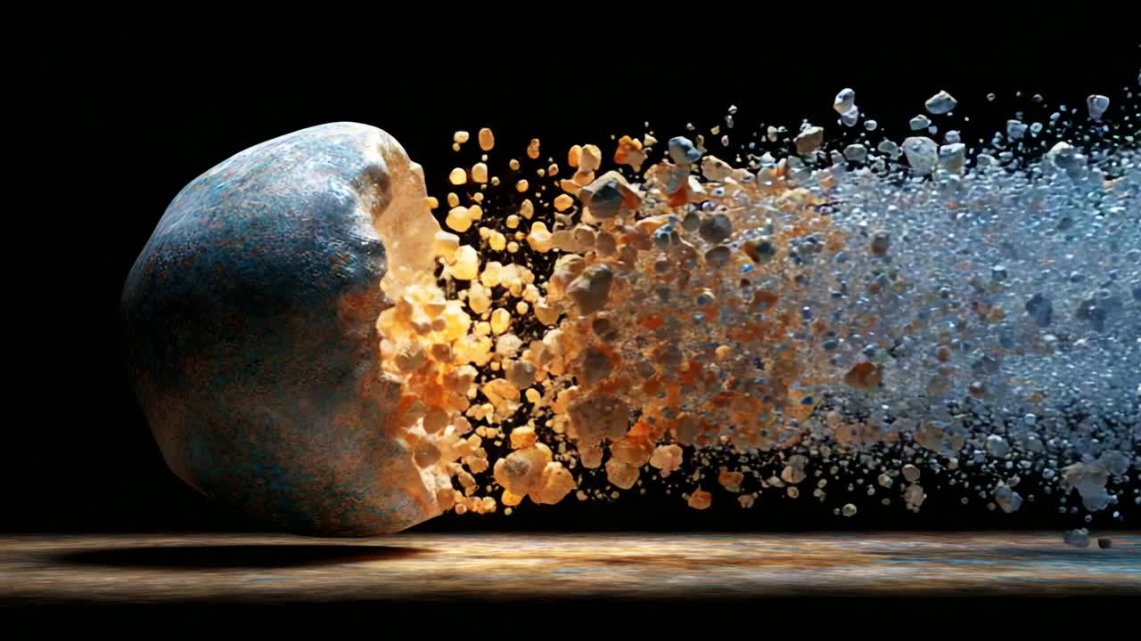 Dynamic Fragmentation of a Rock: Capturing the Moment of Erosion and Disintegration with Particles Reacting to Force in a Vivid and Artistic Display of Nature's Power