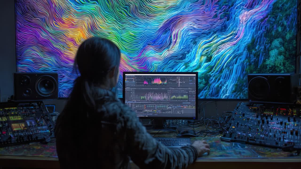 An Artist Captivated by a Spectacular Colorful Visual Display while Engaged in Music Production, Surrounded by Equipment and Graphics that Inspire Creativity and Imagination at a Modern Studio Setting