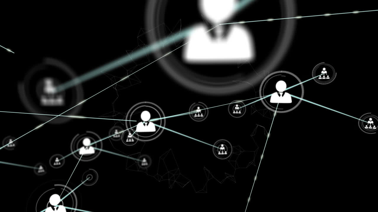 animación de la red de conexiones con iconos en fondo negro