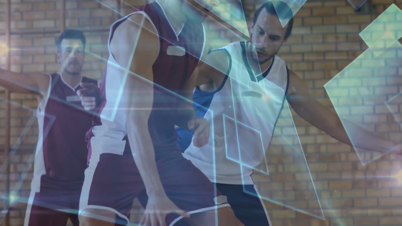 Playing basketball, players with digital data animation overlay on school court