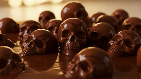 A Surreal Scene Featuring Intricate Chocolate Skulls Resting in a Rich, Velvety Chocolate Pool, Creating an Unusual and Daring Aesthetic Captured Perfectly Through Two Frames