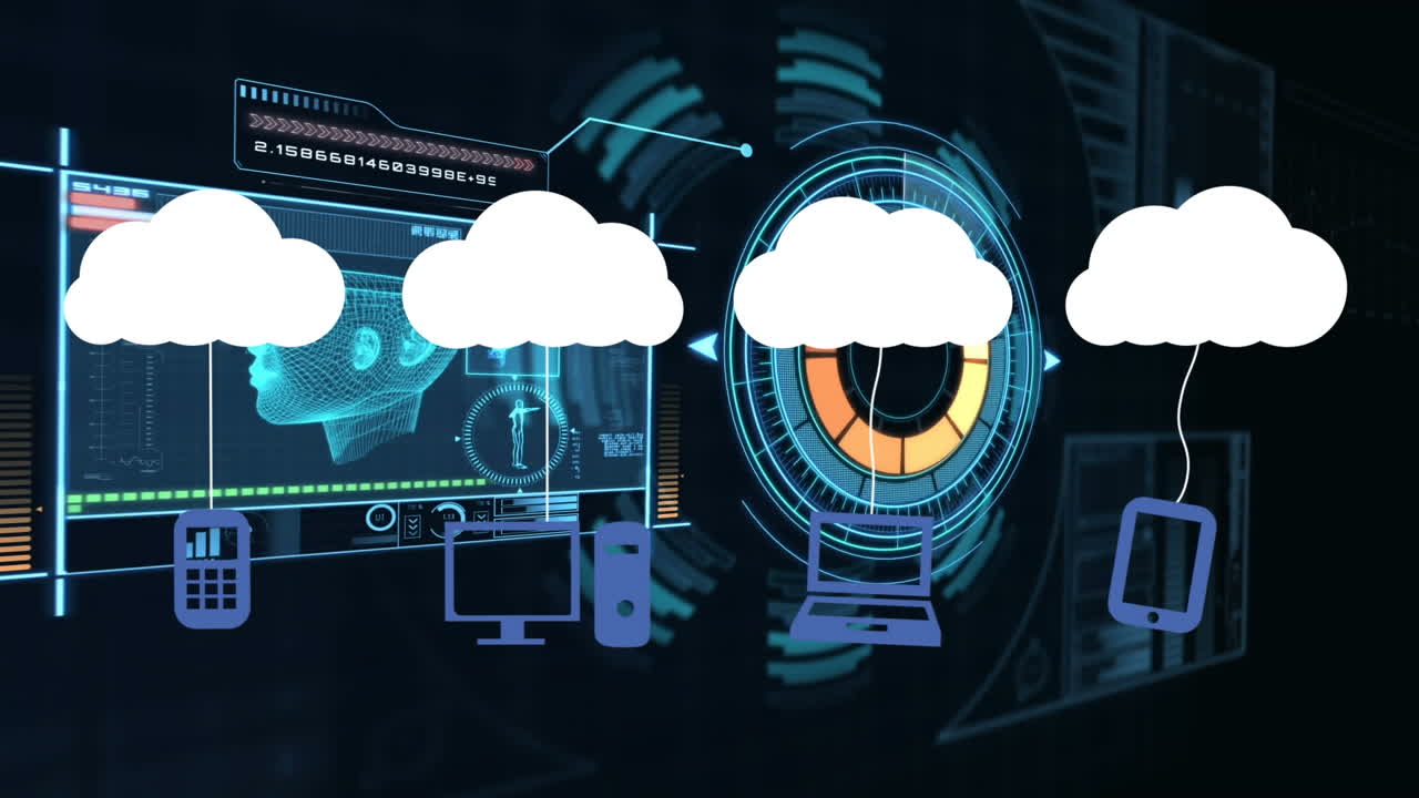Animation of clouds with icons over data processing and scope scanning