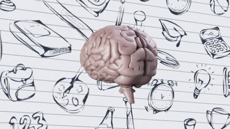 cerebro girando contra los iconos del concepto de la escuela en papel de línea blanca