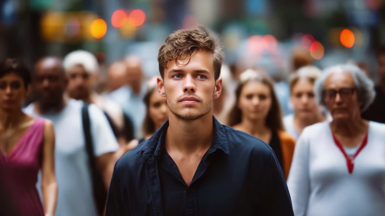 Un giovane uomo si fa strada tra una strada affollata della città, catturando l'essenza dell'individualità in mezzo alla frenetica vita urbana in questo coinvolgente momento.