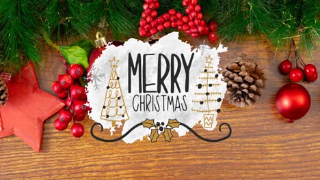 Animation-of-merry-christmas-text-and-decorations-on-wooden-background