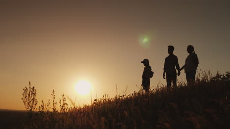 silhouettes of a happy family together they meet the dawn in a picturesque place 4k video