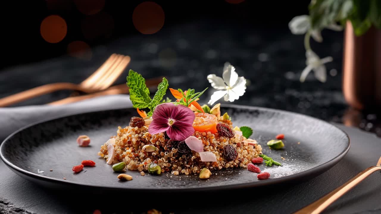 Delicious and healthy quinoa salad is garnished with edible flowers, nuts, raisins, goji berries and dried apricots, served on a black plate in a restaurant setting