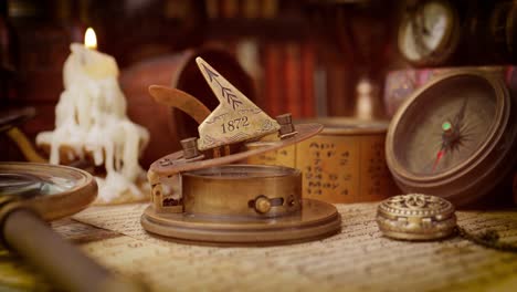 vintage style travel and adventure. vintage old compass and other vintage items on the table.