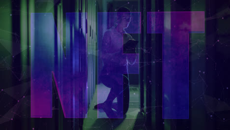 Animation of nft text over caucasian female worker in server room