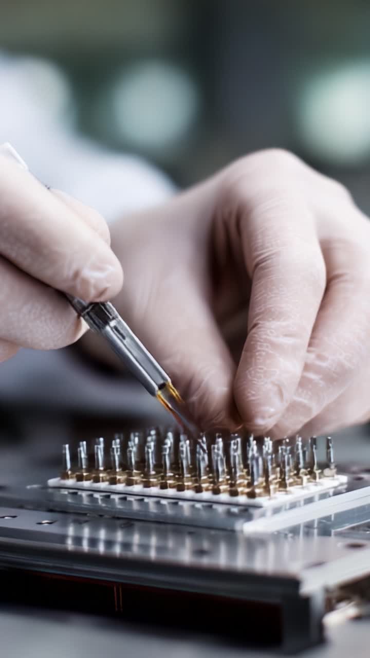 Primo piano di un lavoro di precisione: una mano con un guanto maneggia con cura micro componenti con un utensile, un esempio di tecniche di laboratorio complesse nel campo dell'elettronica