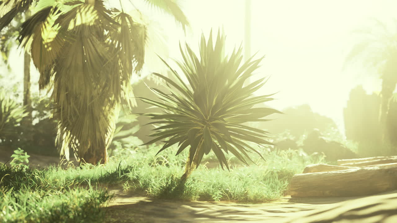 Bright sunlit tropical landscape with lush plants and vibrant green foliage