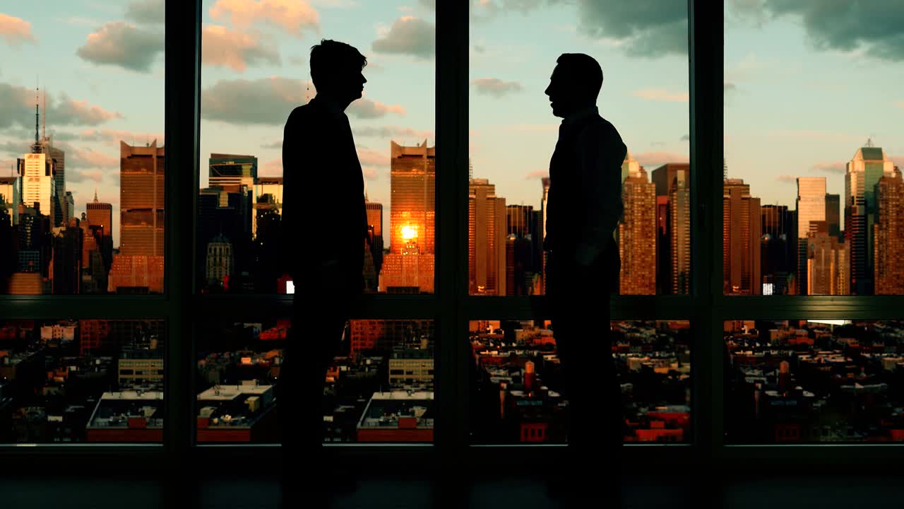 Caucasian Employees in Businesswear Working with Computer. With Cityscape Background.