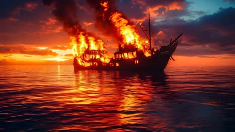 a boat on fire in the middle of the ocean at sunset