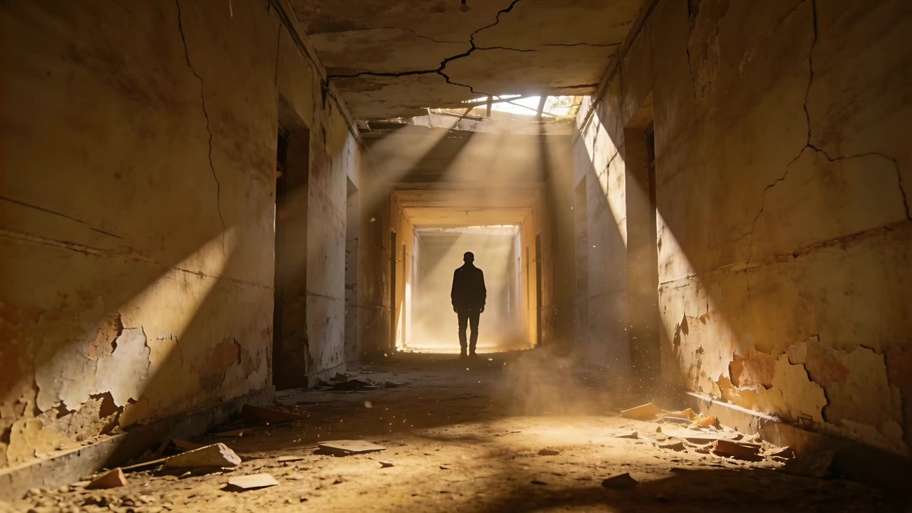 Un uomo in giacca cammina verso l'uscita in un corridoio in rovina, la luce lo attira, sollevando polvere e raggi di sole.