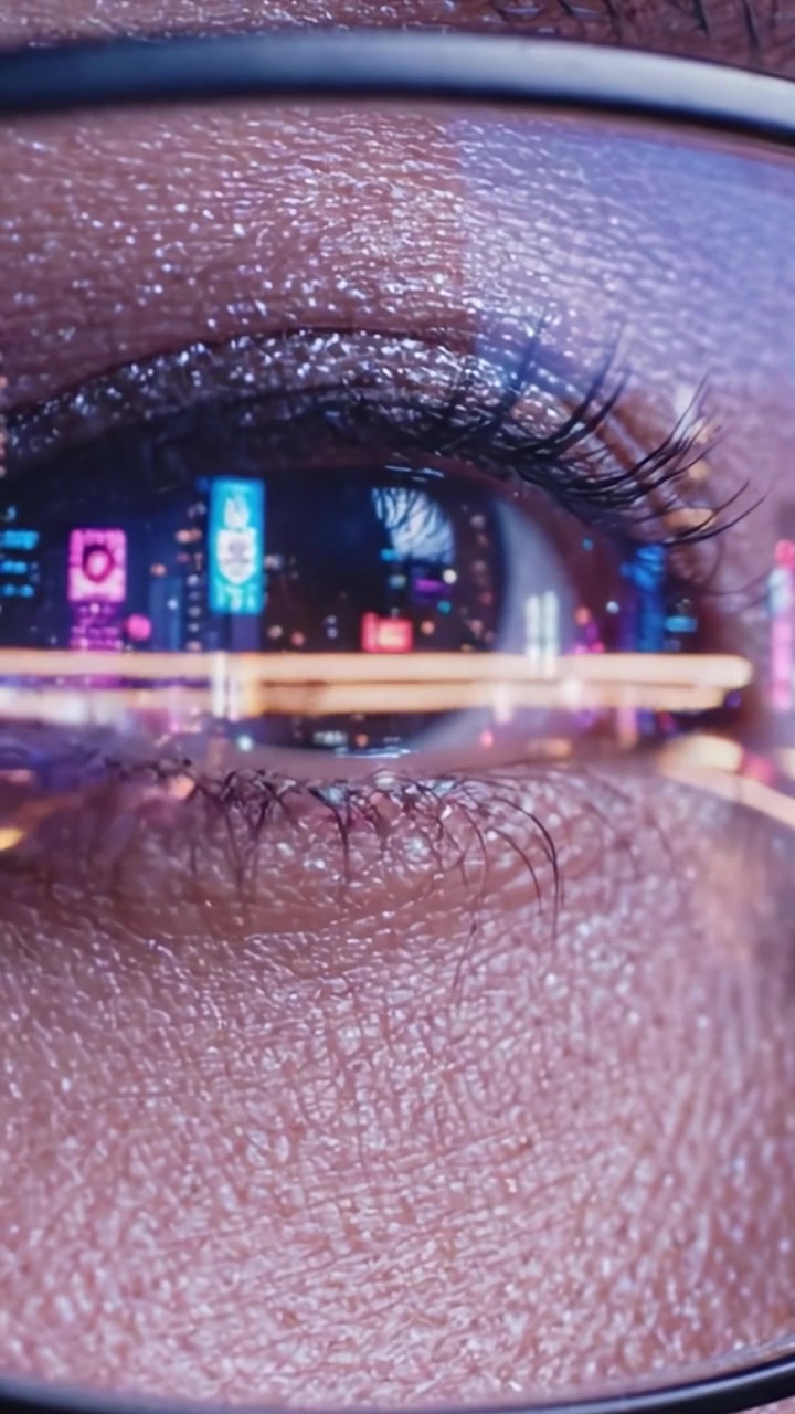 A Close-Up of an Eye Reflecting Vibrant City Lights, Showcasing a Stunning Blend of Humanity, Technology, and Urban Life in a Nighttime Landscape