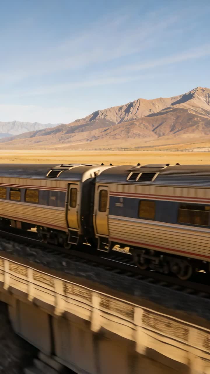 Vertical video: Camera tracking passenger train moving across viaduct over dry plain to reach hills
