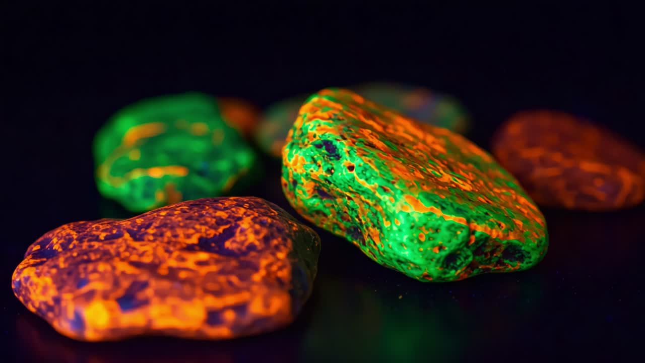 Vibrant Geology: A Close-Up Exploration of Colorful Stones Displaying Brilliant Hues of Green and Orange Against a Dark Background
