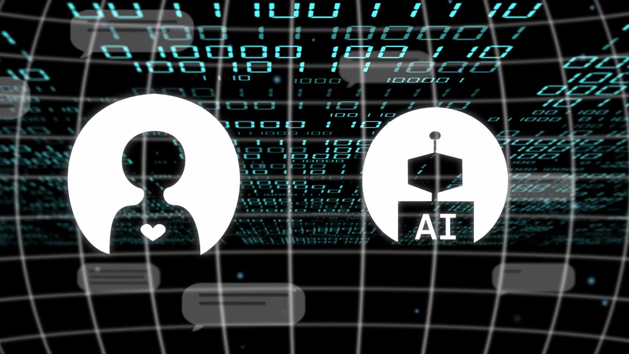 Numeric matrix scrolling, drawing human and robot avatars forward, highlighting chat connection