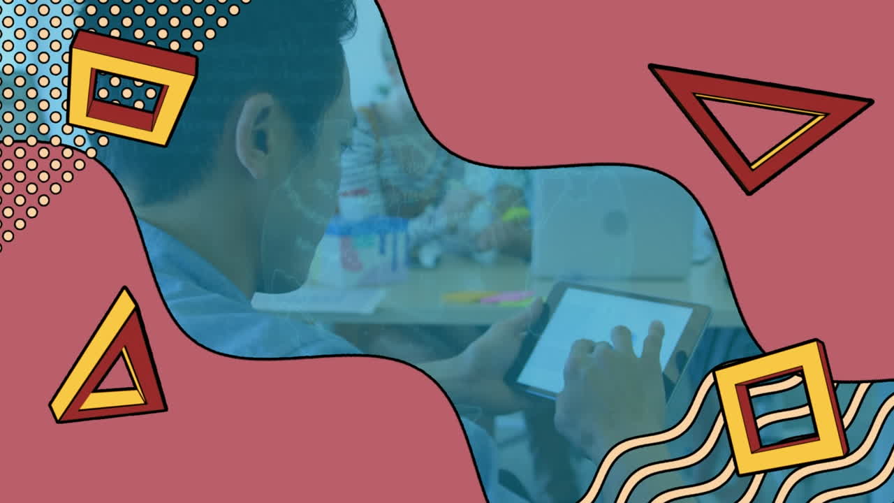 animación de formas abstractas retro y conexiones sobre el hombre usando tableta